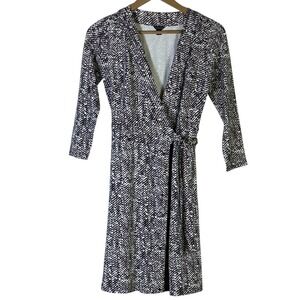Ann Taylor Wrap Dress Black White Dot Print 3/4 Sleeve Tie Waist Size 0